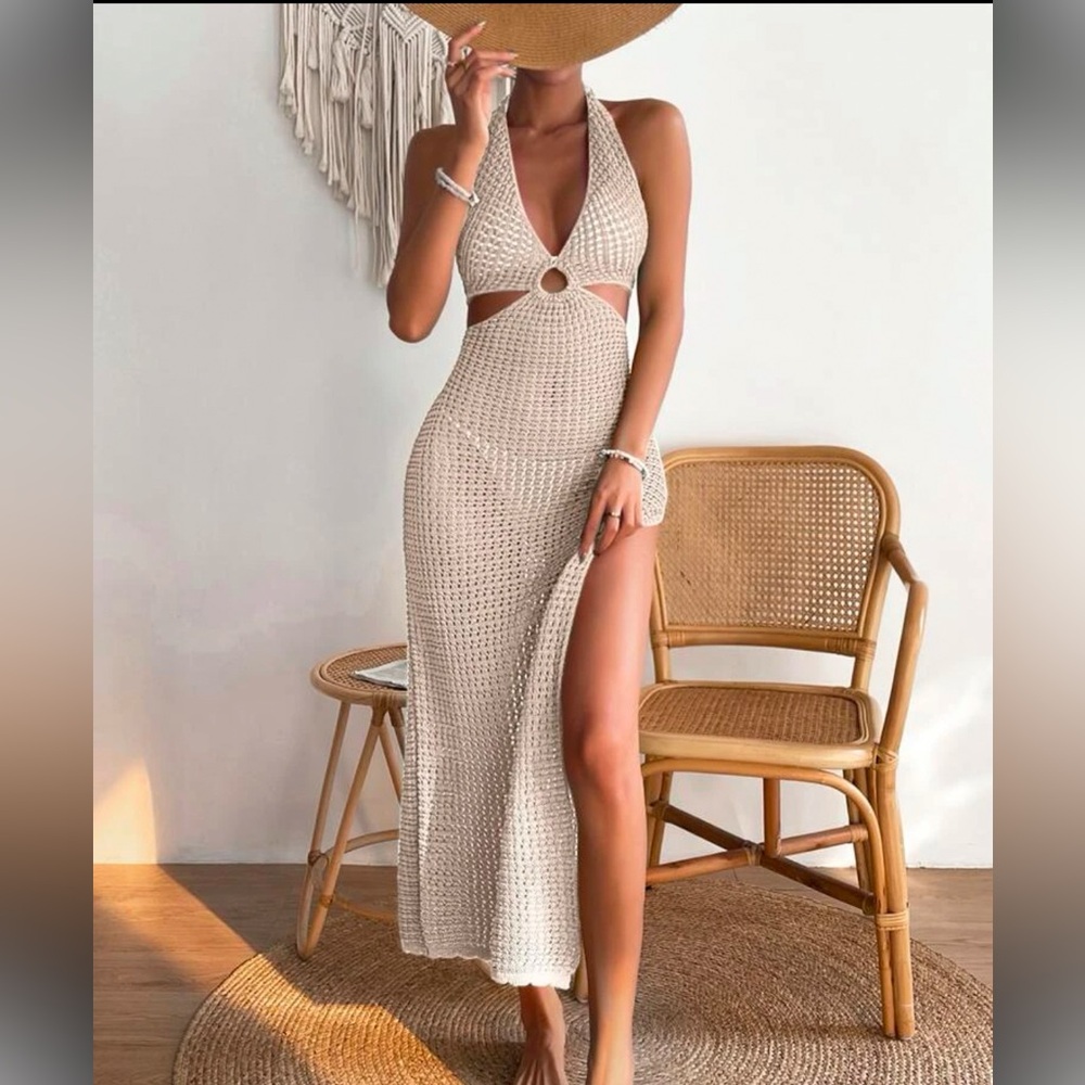 Swim Ring Linked Cut Out Tie Backless Split Thigh Cover Up Dress